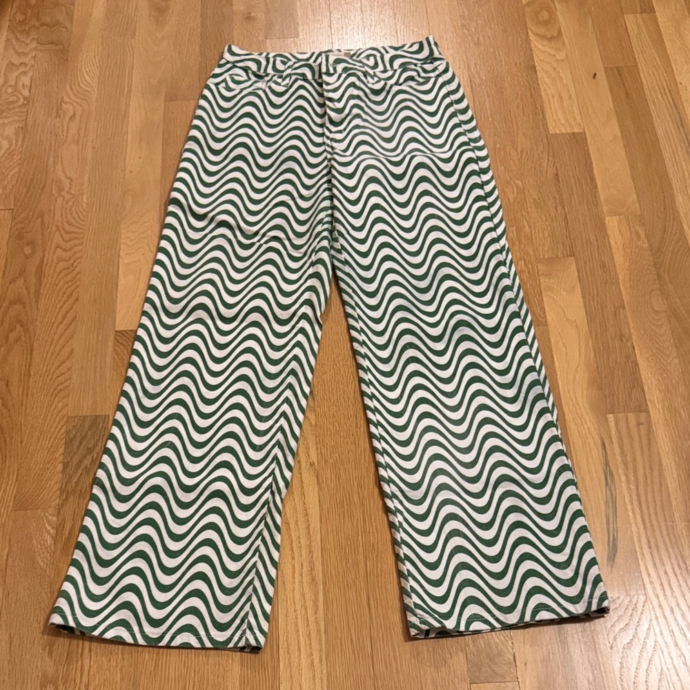 Altar'd State Green and White Wave Pattern Flare Jeans